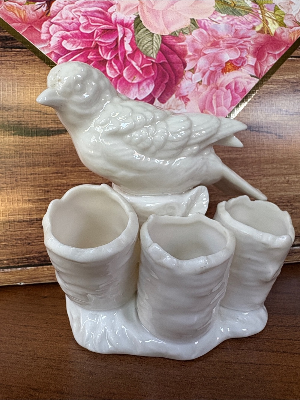 Vintage White Ceramic Bird and Tree Trunk Lipstick Holder 1950s
